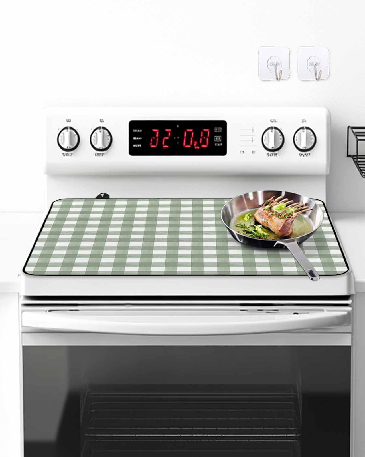 Stove Top Covers for Electric Stove, Sage Green Buffalo Plaid Glass Stovetop Cover Protector, Farmhouse Green White Checkered Induction Cooktop Protector Oven Mat for Kitchen Countertop 24"x21"