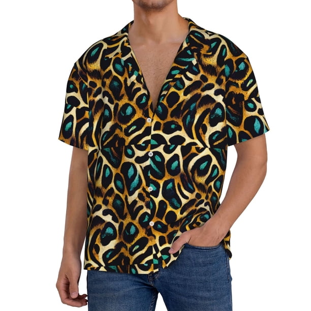 Fotbe Teal Leopard Camisa Estampada de Manga Corta para Hombre, Casual de Verano, Estilo Playero, Sin Arrugas-XX-Large