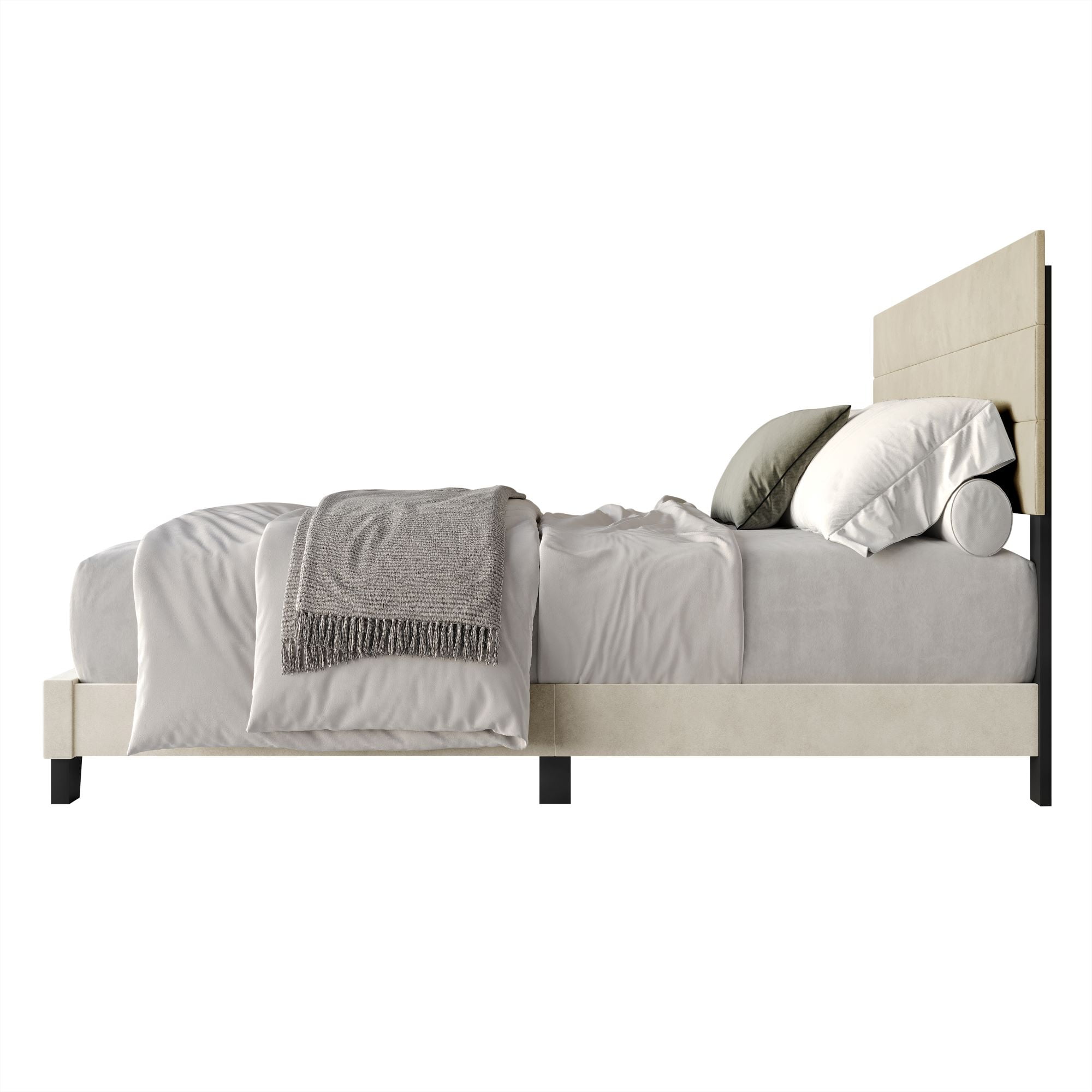 Home Design Vallejo Full Velvet Upholstered Panel Bed Frame For Adult, Box Spring Required, Beige