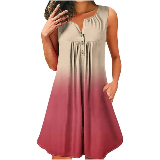 Dvkptbk Robe d'Été Décontractée pour Femme 2024 à Col Rond, Manches Courtes, à Blocs de Couleur, Robe de Plage Boutonnée, Ourlet Évasé, Fluide, Plissée, T-Shirt, Midi, Courte