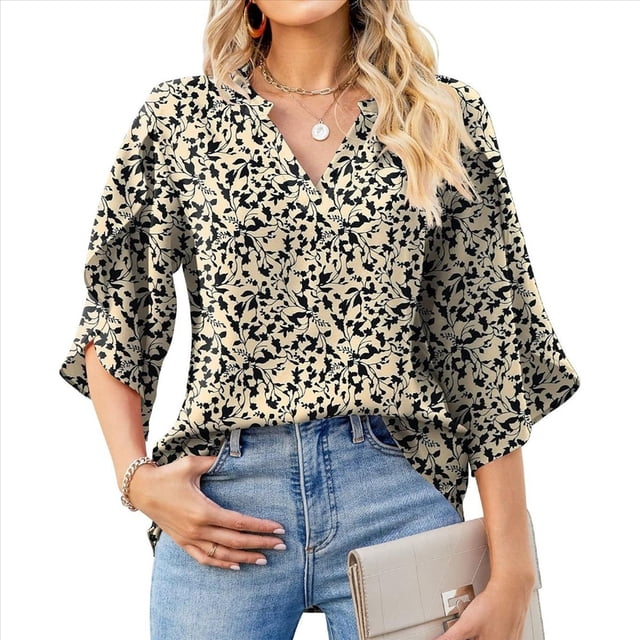 Blusas de Mujer con Mangas 3/4 y Cuello en V Holgado con Estampado de Pétalos de , Blusas de Trabajo de Negocios Hojas Negras L