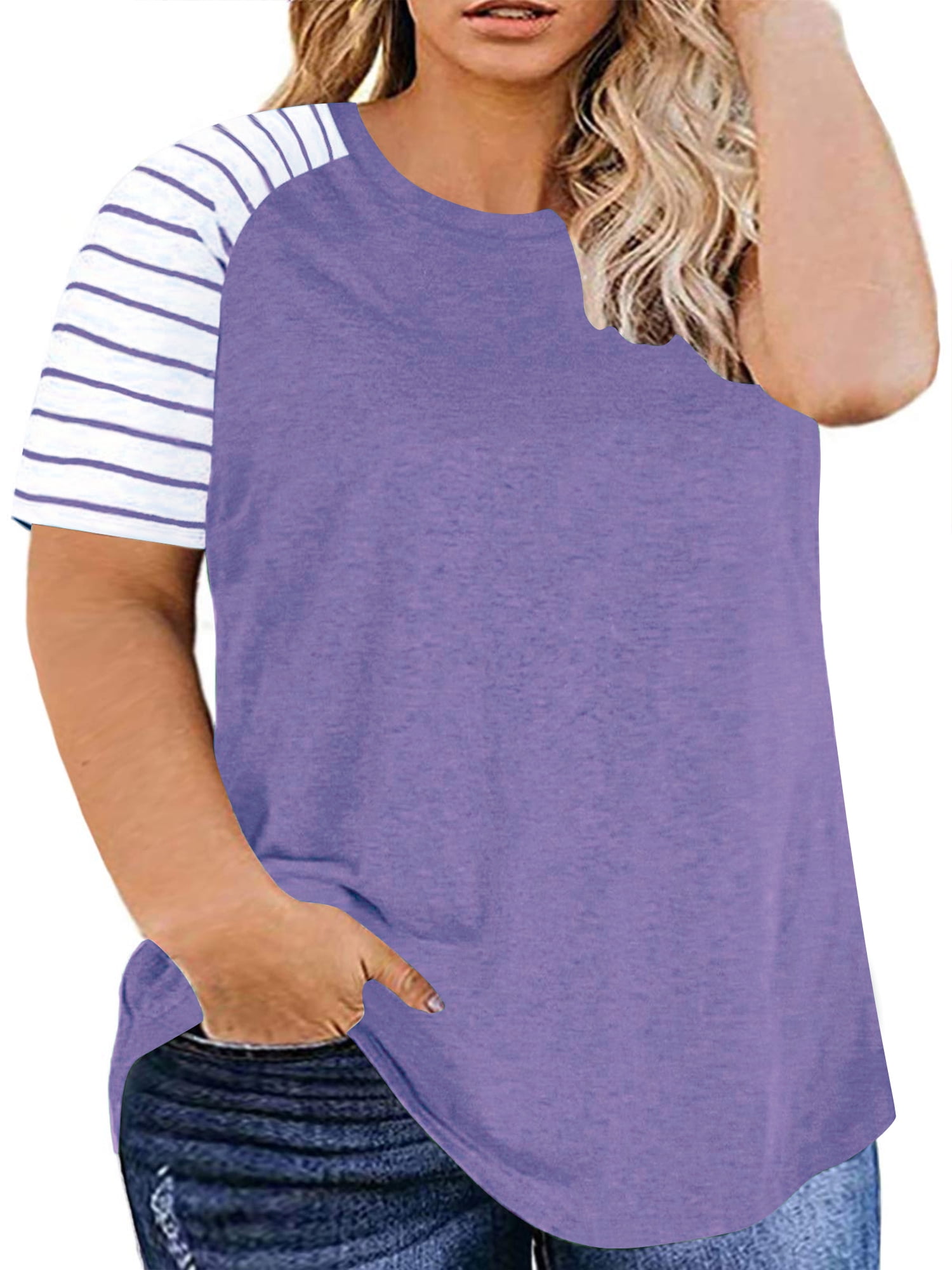 Plus Size Tops for Women Striped Raglan 