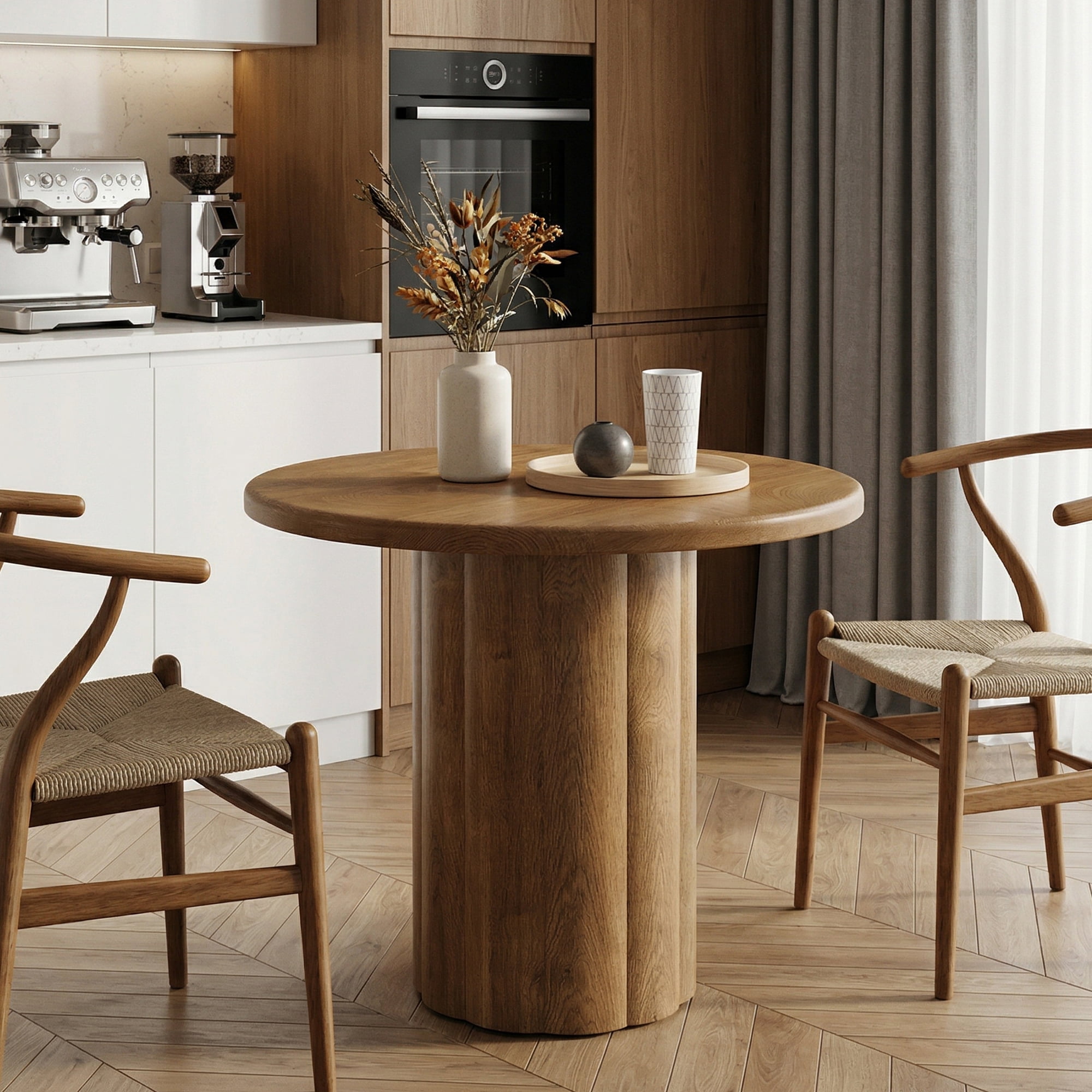 MAYEERTY 31.5 Inch Small Round Dining Table, Farmhouse Kitchen Dinner Table with Curved Wooden Latticed Base for 2 to 4 People