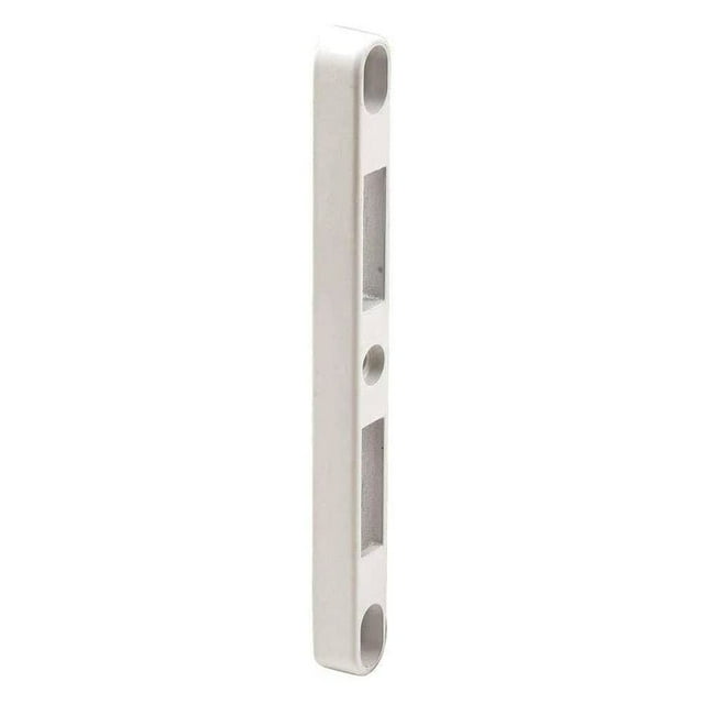 Cerradura Tesa Assa Abloy SBML con dos puntas, 17 cm, color blanco, vista frontal vertical de placa estrecha de metal blanco con dos cavidades rectangulares para pestillos y un orificio de tornillo central; acabado liso y bordes redondeados, diseñada como keeper para cerraduras de embutir de 2 puntos en puertas de patio Roto; a menudo usada como repuesto compacto para cerraduras similares.