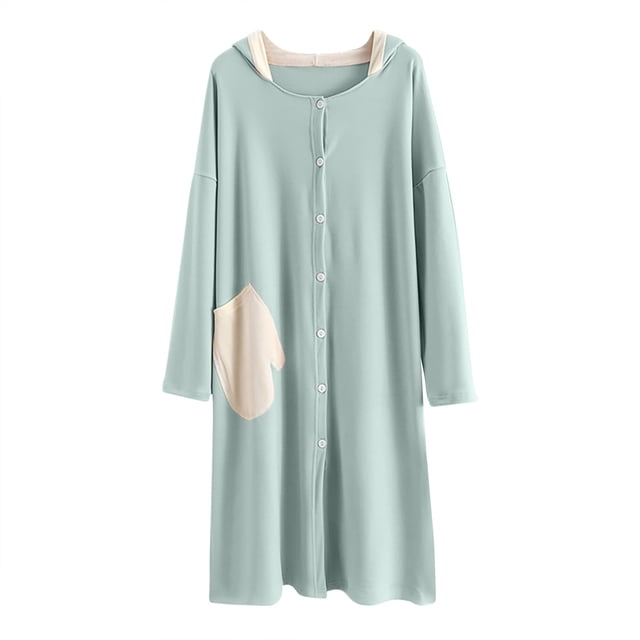AherBiu Womens Pajamas Night Gowns Button Down Dress Sleepshirt Long Sleeve Hooded Housecoats Loungewear