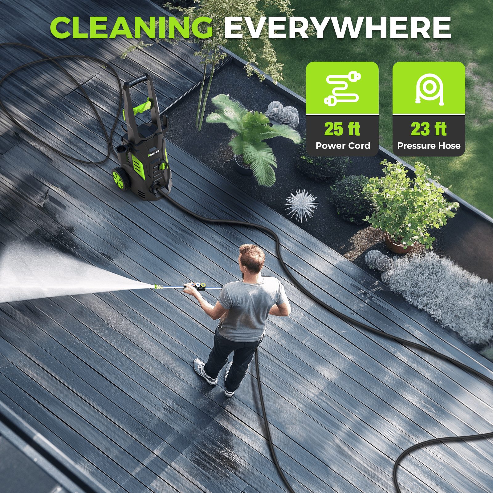 1800W Electric Pressure Washer, 5000PSI Max 3.0 GPM with 4 Nozzles, Portable High Pressure Cleaning Machine Washer with 25FT Cord, 23FT Hose, for Cars, Driveways, Fences, Patios - Green