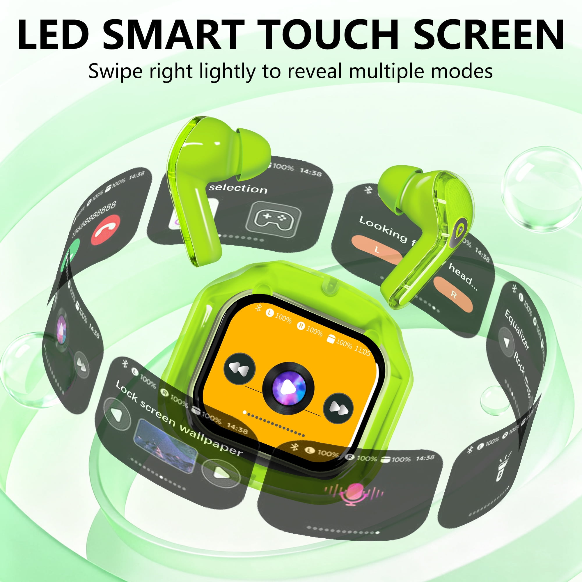 ENC Wireless Bluetooth Earphone, Smart Touch Screen Headphone, 24h Playtime for Sports & Working, Stereo Sound Headphone for iOS/Android/Windows, Green