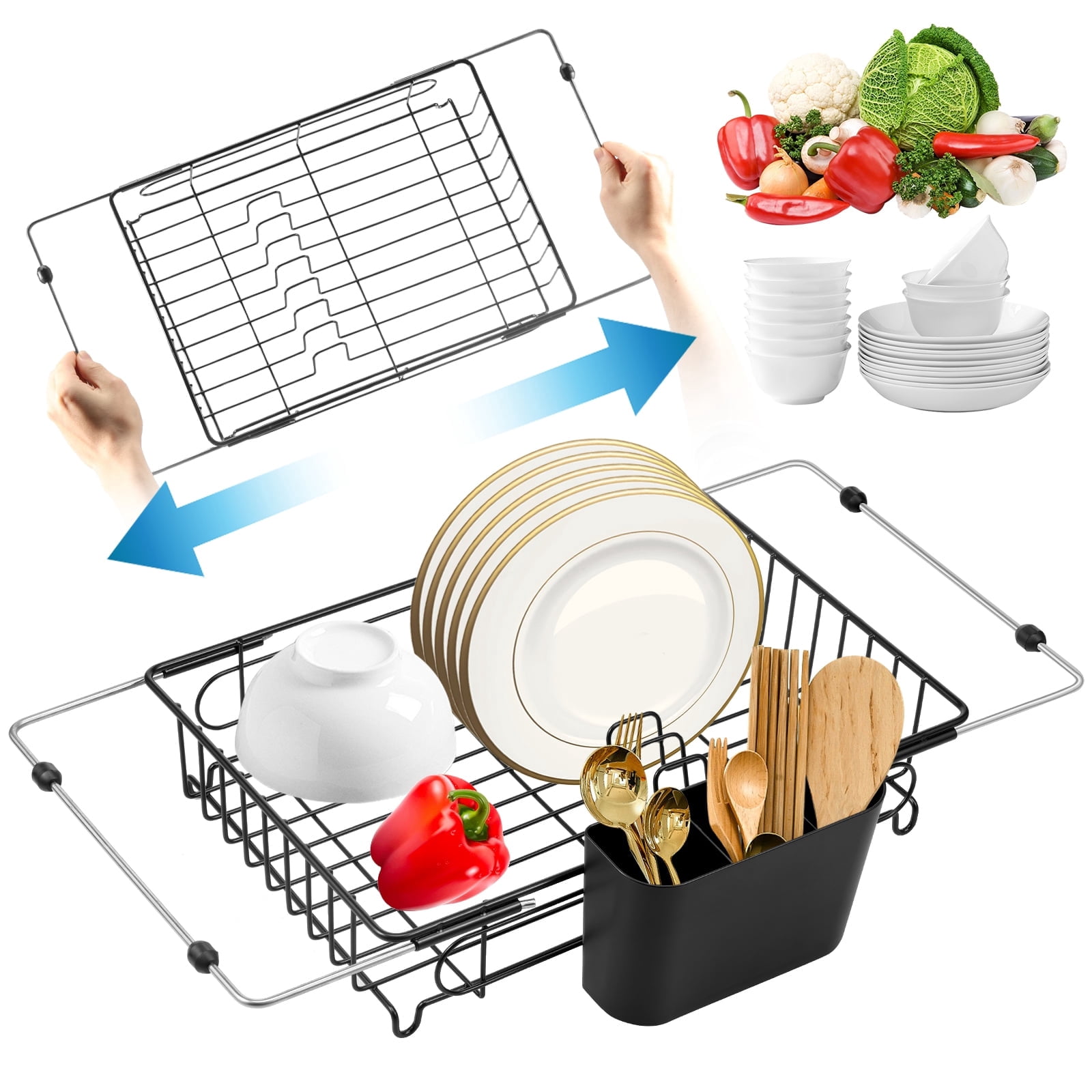 Expandable Dish Drying Rack in Sink Adjustable Stainless Steel Dish Drainer Over The Sink with Utensil Holder for Kitchen Sink, 14.5"~20.9" L x 10.2"W