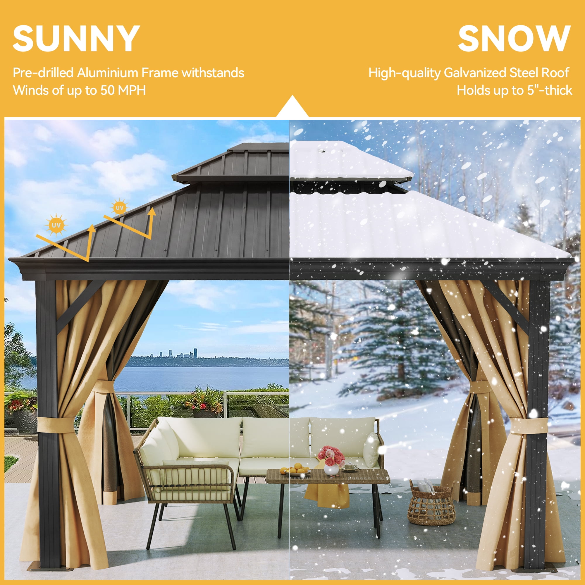 Uforic 10x12ft Hardtop Gazebo,Double Roof Galvanized Iron Aluminum Frame Gazebo W/ Netting and Brown Curtains