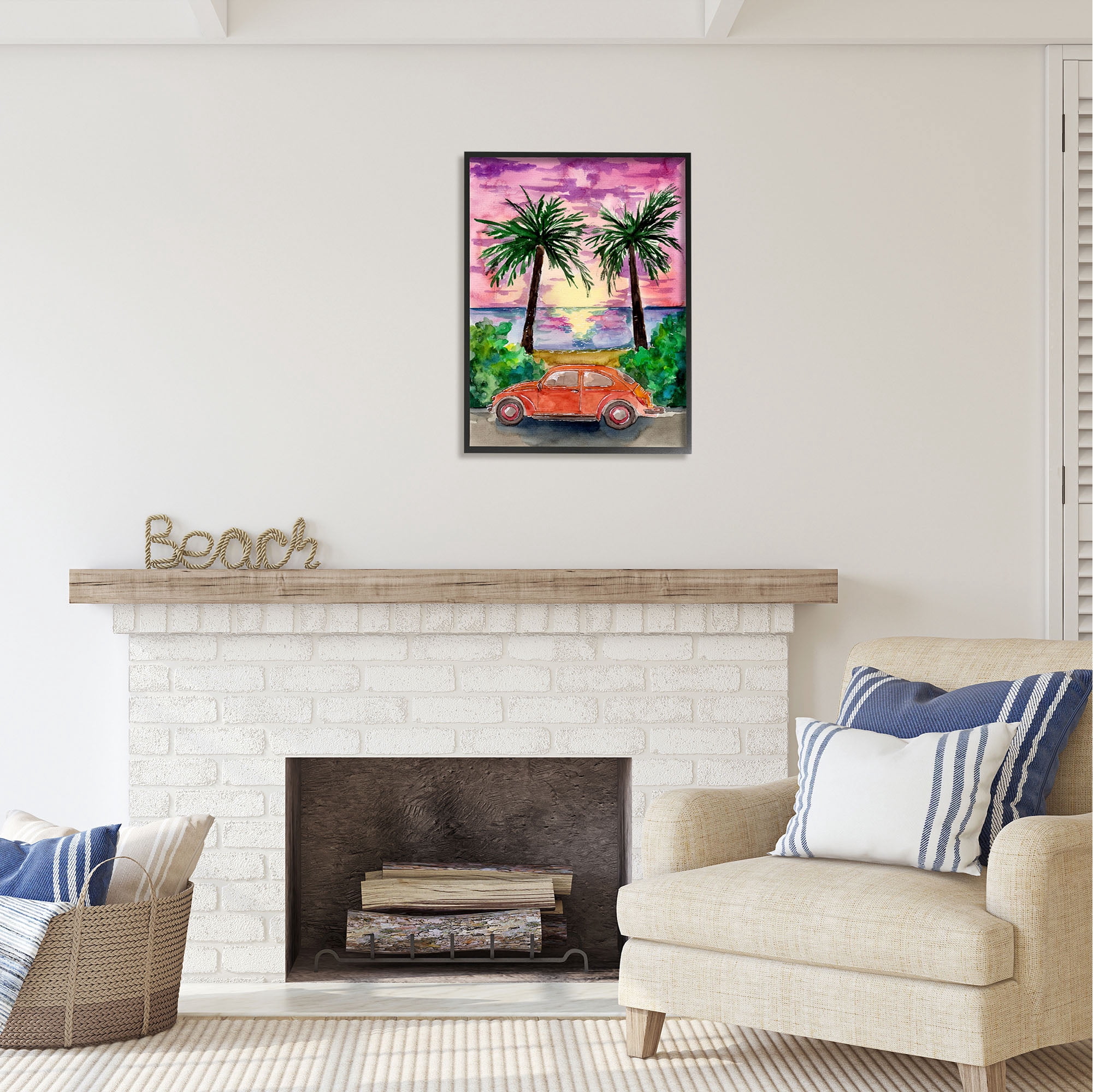 Stupell Industries Summer Beach Buggy Transportation Painting Black Framed Art Print Wall Art, 24 x 30