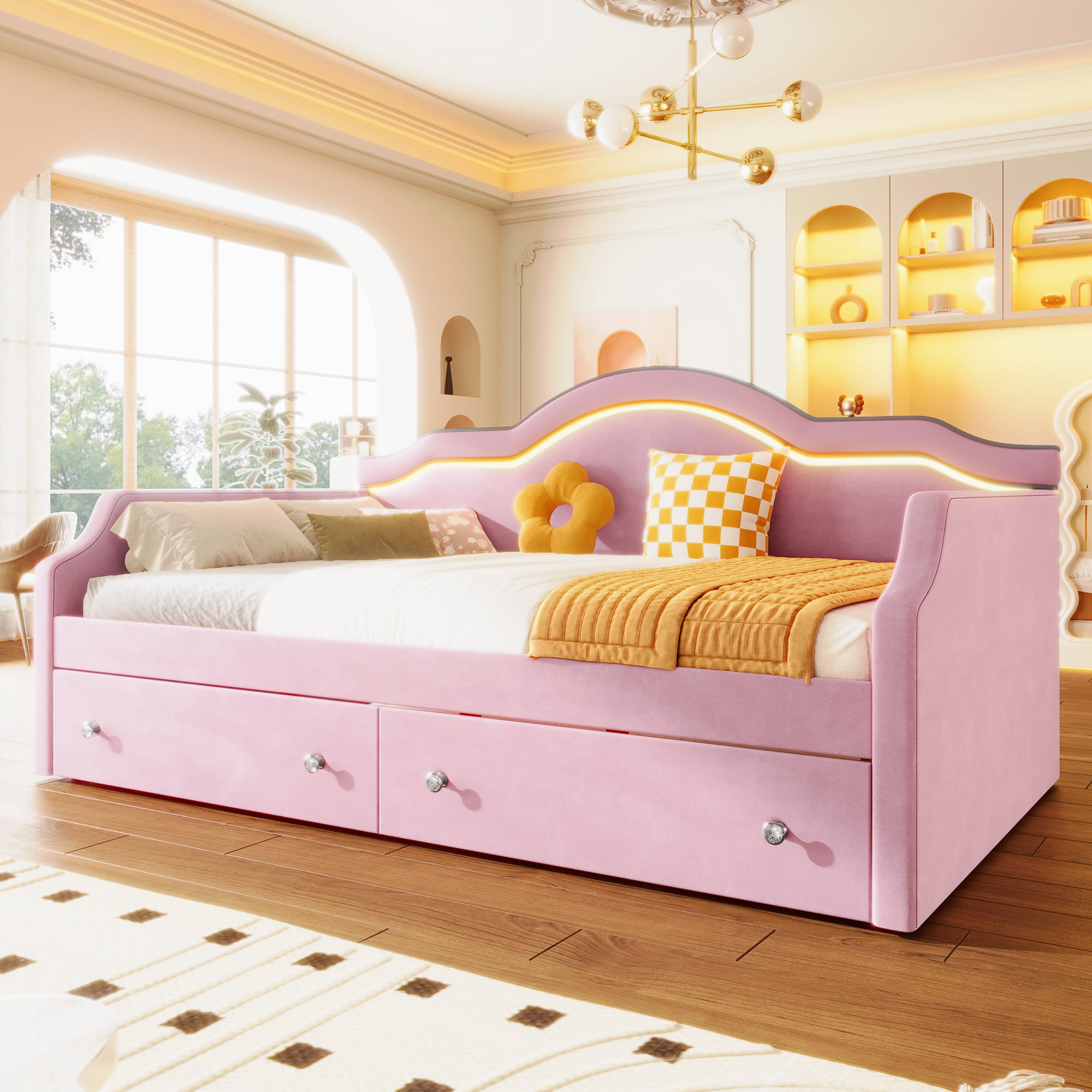 Euroco Upholstered Twin Size Daybed with LED Light and 2 Drawers, Pink