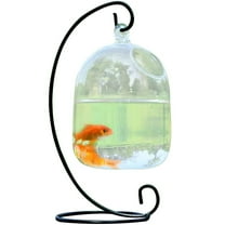Walbest Table Desk Hanging Fish Tank Bowl with Stand Glass Hanging Fish Bowl Mini Aquarium for Fish Home Decor, 5.9x3.9 inch, Black