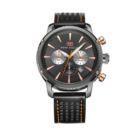 Mens Quartz Watch Black Dial Leather Strap Minute Subdial Date Display for Friends Lovers Best Holiday Gift