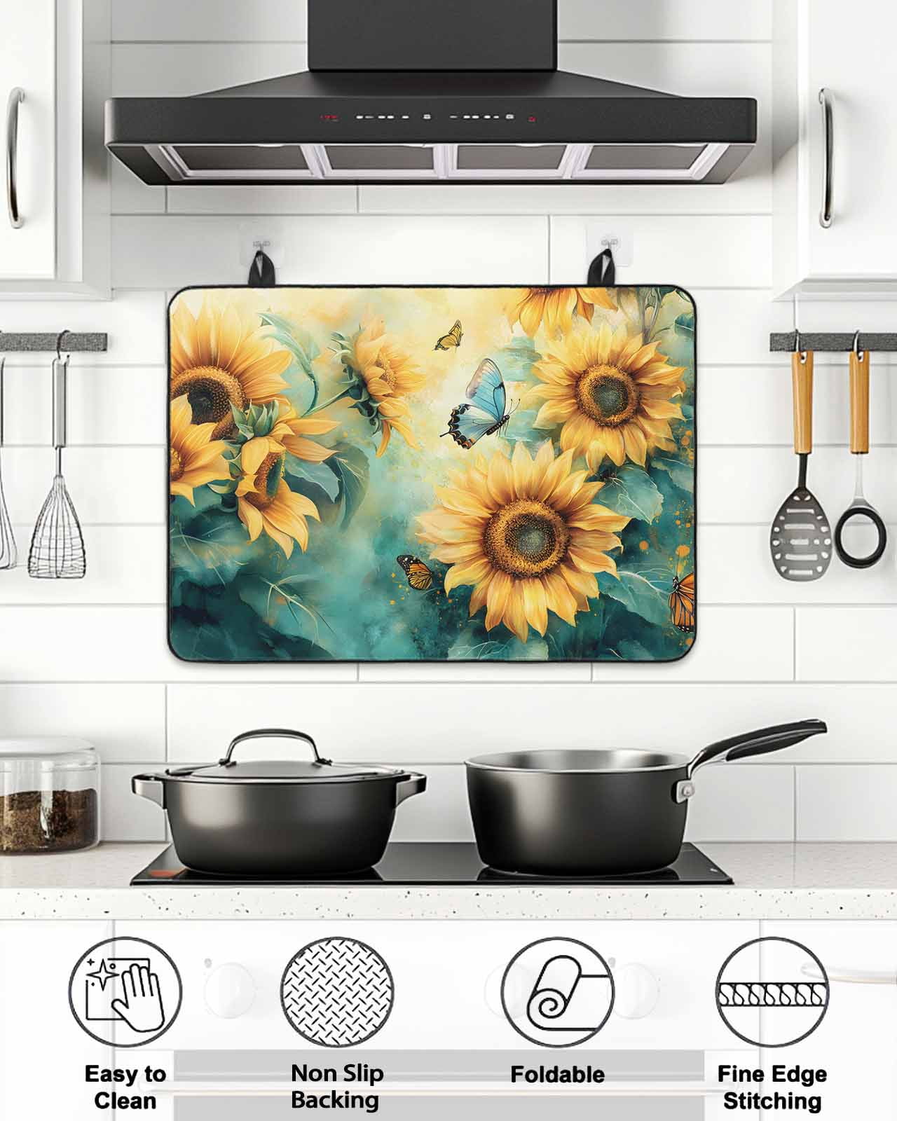 Stove Top Covers for Electric Stove, Sunflower Butterfly Glass Stovetop Cover Protector, Retro Green Yellow Pastoral Floral Induction Cooktop Protector Oven Mat for Kitchen Countertop 24"x21"
