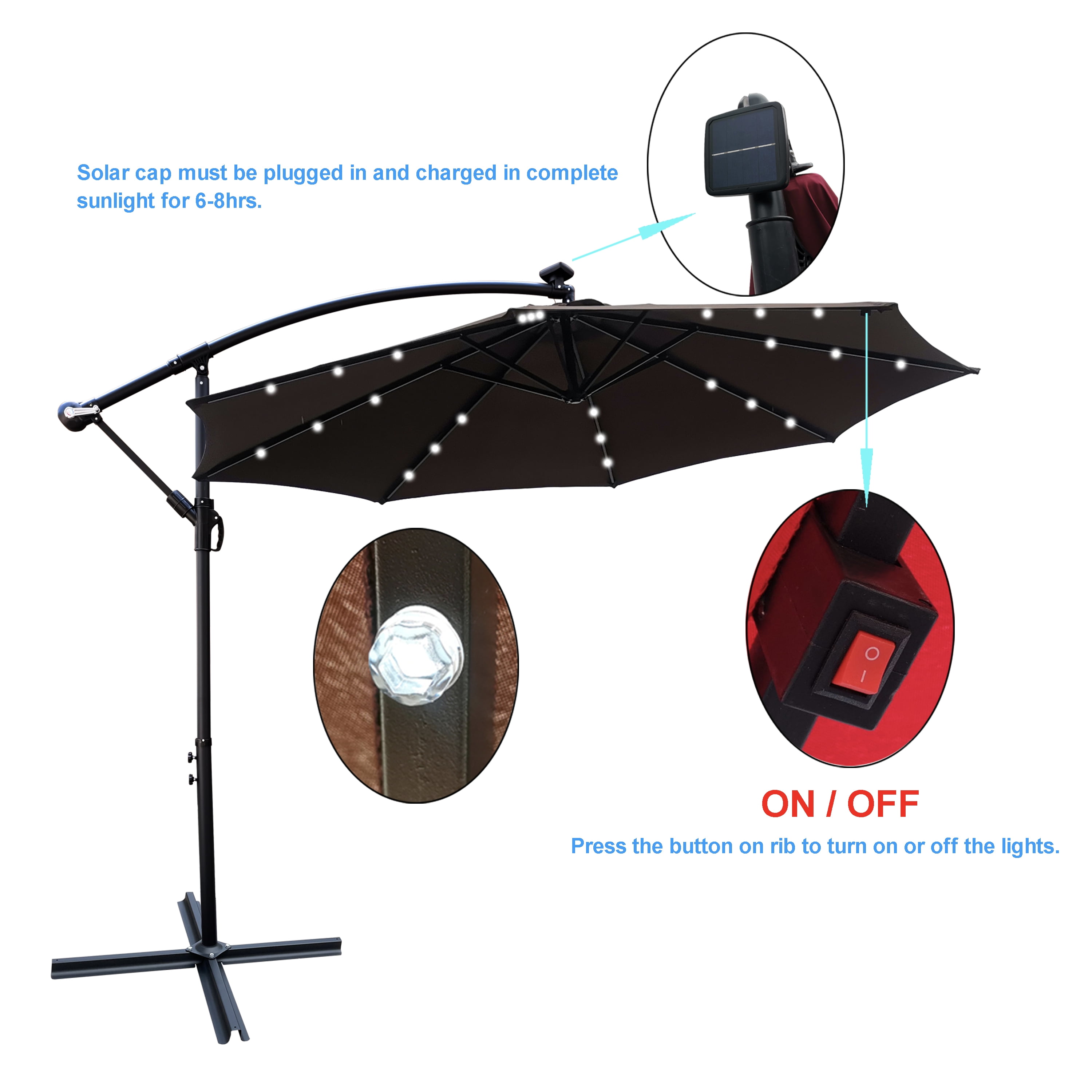 Royard Oaktree 10FT Patio Offset Umbrella w/Solar LED Lights Outdoor Cantilever Hanging Umbrella w/Crank & Cross Base UV Protection Sun Shade for Market Garden Lawn Deck Backyard Pool, Chocolate