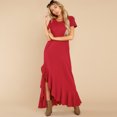 thumbnail image 1 of New Femmes Col Rond Manches Courtes Volants Décor Asymétrique Longue Robe Nouvelle Couleur Unie Décontractée Robe de Vacances Maxi Vestidos, 1 of 2