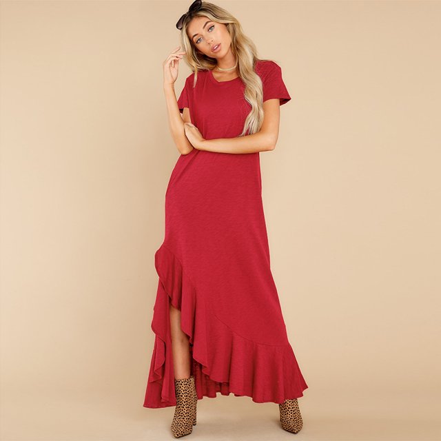 New Femmes Col Rond Manches Courtes Volants Décor Asymétrique Longue Robe Nouvelle Couleur Unie Décontractée Robe de Vacances Maxi Vestidos