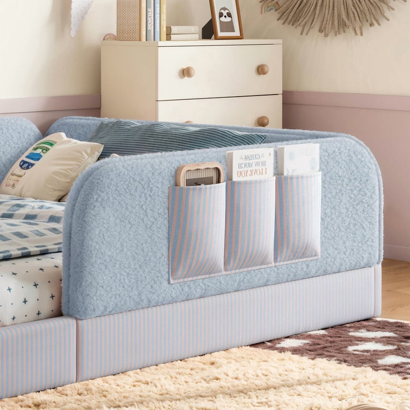 Queen Size Kid's Upholstered Floor Bed Frame, Montessori-Style Low Profile Platform Bed with Safety Guardrail & Storage Pockets