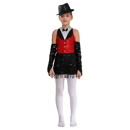 Haitryli Big Girls Sparkly Tuxedo Bodysuit Outfits Fringe Latin Dance Leotard with Gloves Hat Ballroom Dancing Costume Red&Black 14