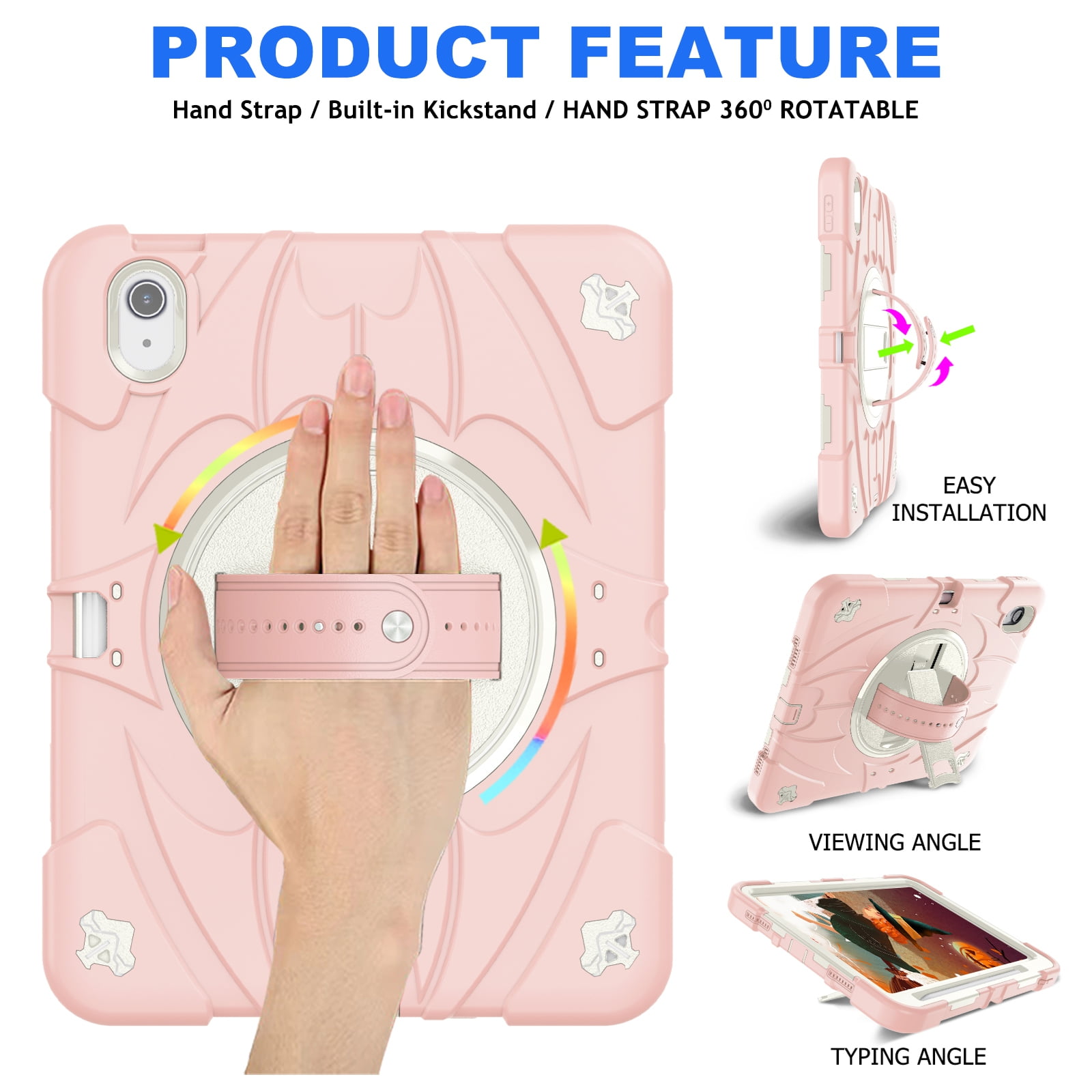 ELEHOLD Case for Apple iPad 10th Gen, Heavy Duty Shockproof Case with Pencil Holder/Stand/Hand Strap/Shoulder Belt, Rugged Protective Cover for Boys Girls,Pink