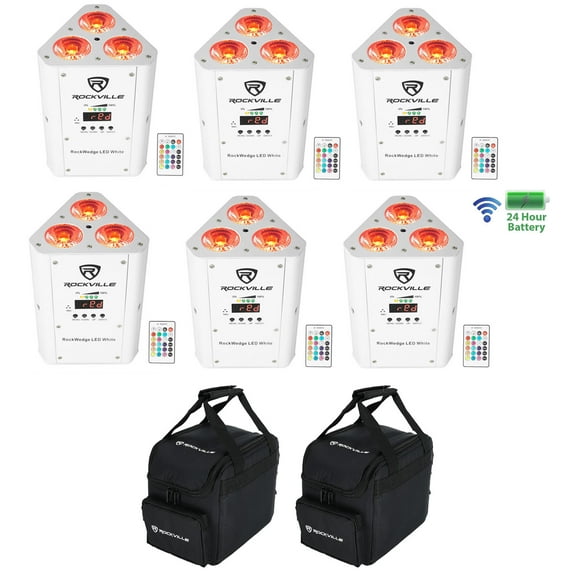 (6) Rockville RockWedge LED White RGBWA UV Rechargeable Wireless DMX Lights Bag