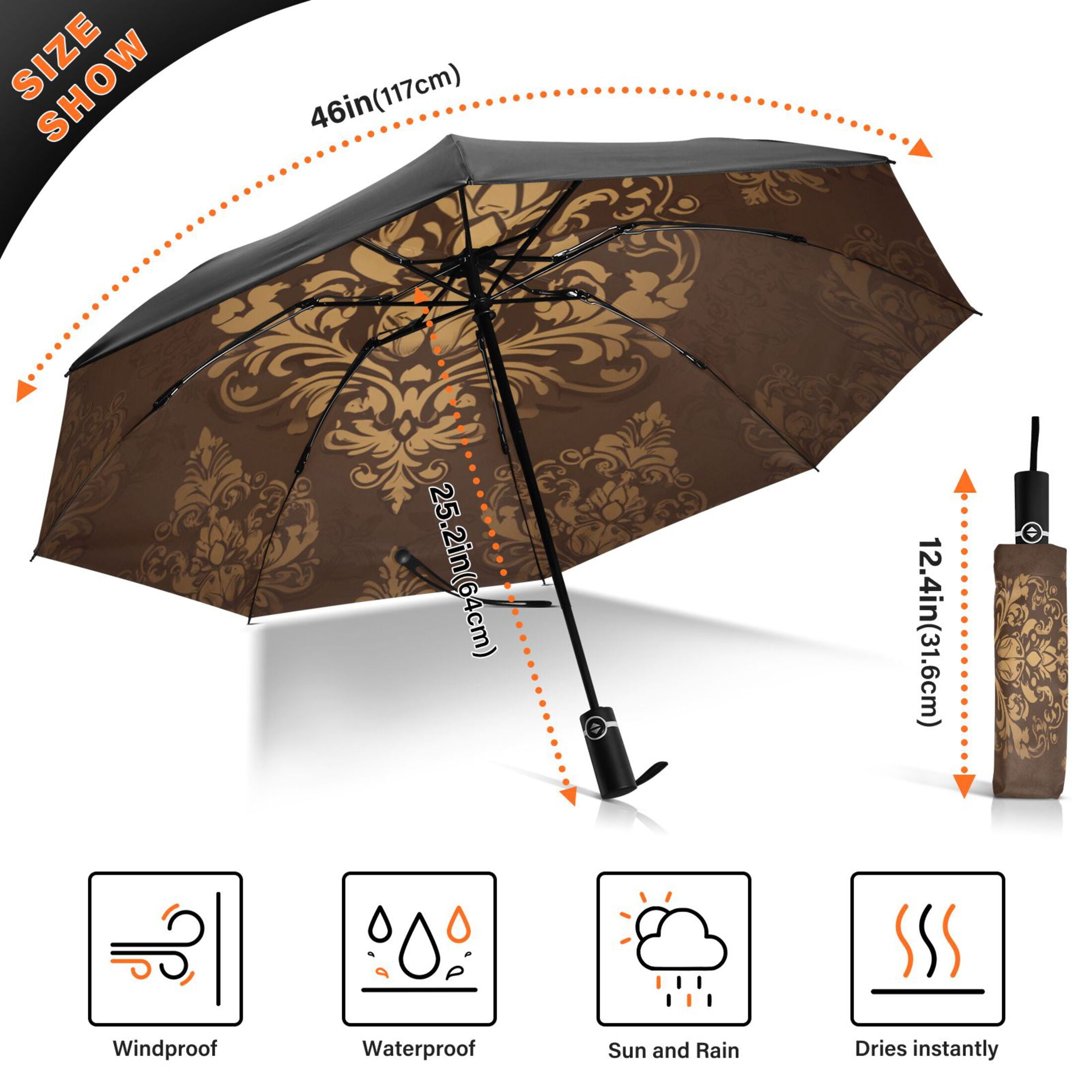 Damask Pattern Extra Large Automatic Umbrella, UV Protection, Waterproof, Auto Open and Close