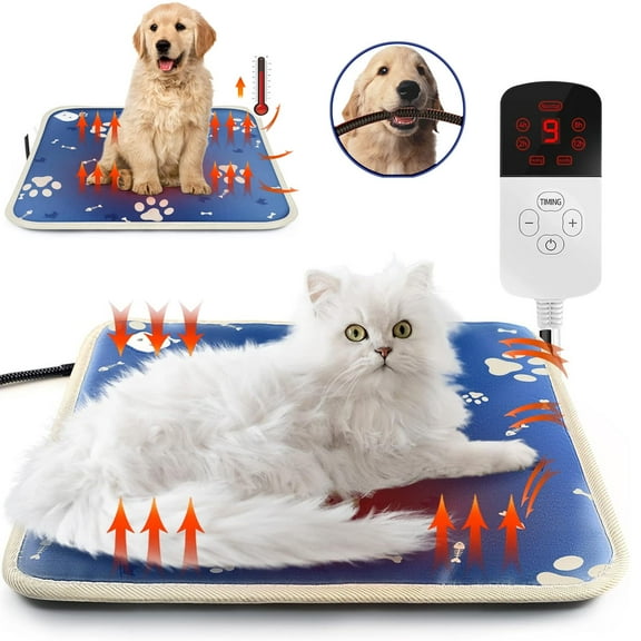 Heated Pet Pad, 28x17 Inch Electric Warming Mat for Dogs & Cats with Chew Proof Cord & Timer, Waterproof Heating Pad for Medium Small Pets Gift,Footprint Fishbone