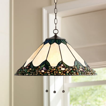 

Robert Louis Tiffany Bronze Plug In Swag Pendant Chandelier 20 3/4 Wide Rustic River Stone Art Glass 3-Light Fixture for Dining Room Kitchen Island