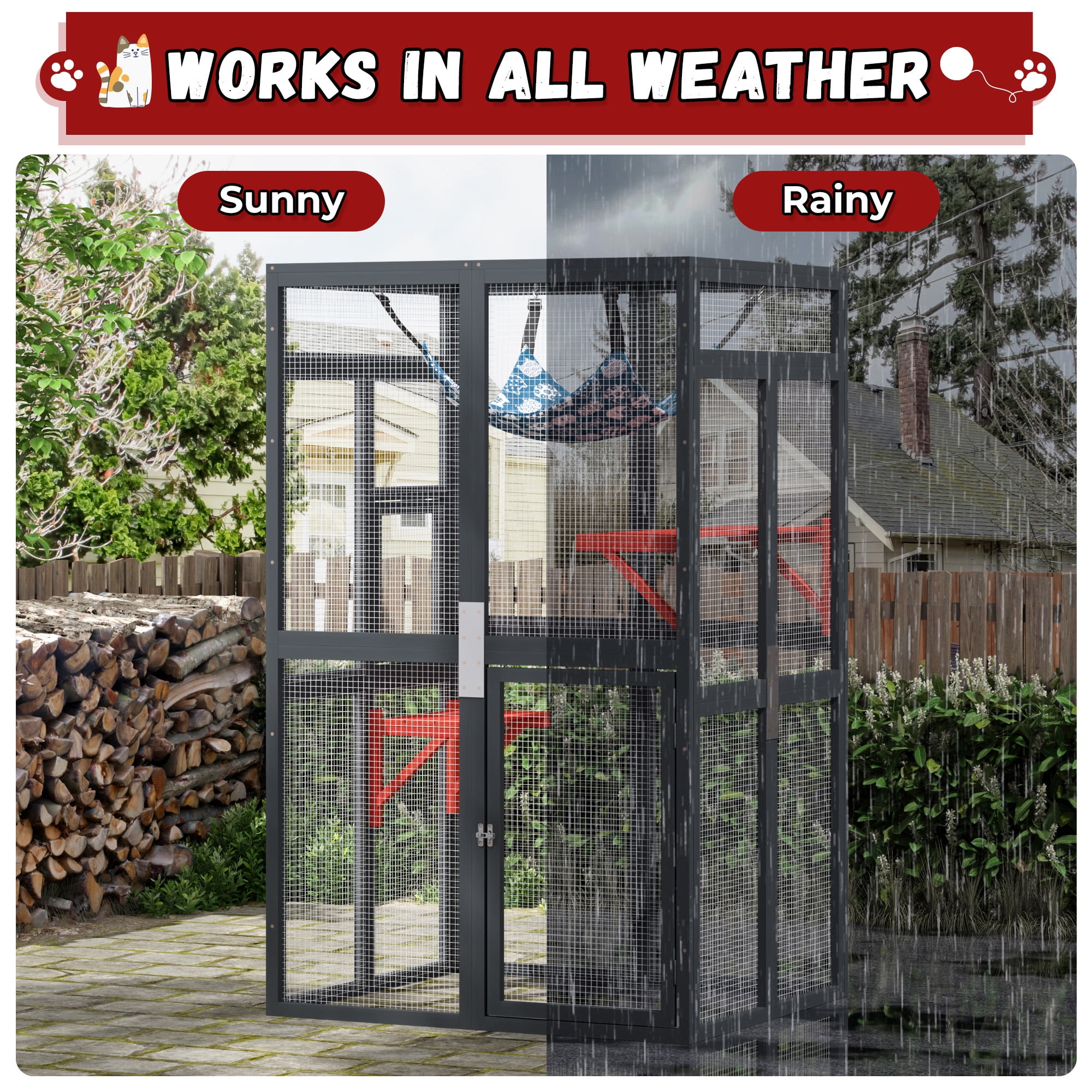COZIWOW 64" Catio Outdoor Cat Enclosure Window Access with 3 platforms & hammock, Waterproof Roof Wooden Cat House Cage Indoor, Black