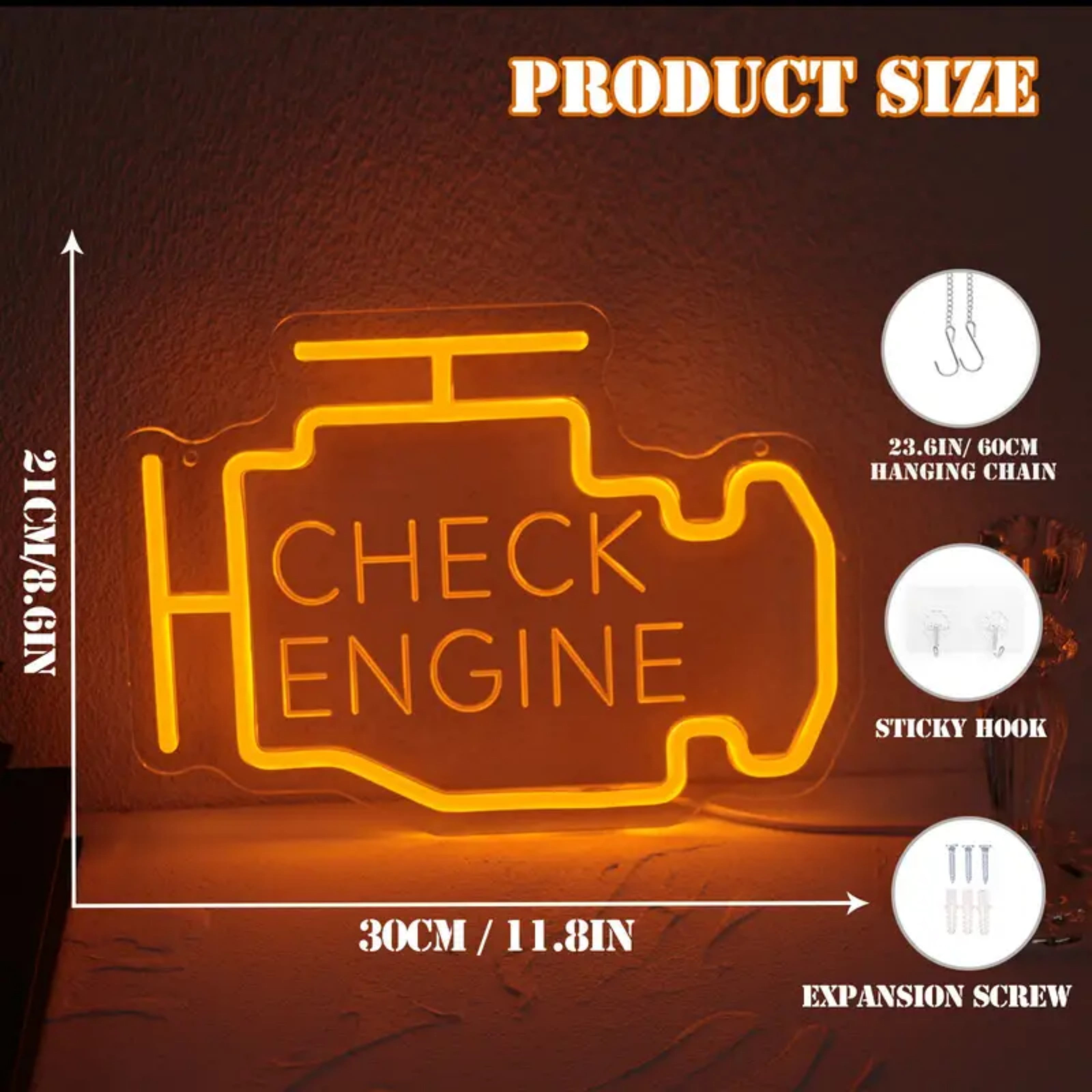 UPONRAY Check Engine Neon Signs, 11.8'*8.6' Dimmable & USB-Powered LED Neon Light, Stylish Wall Decor for Man Cave, Garage, Workshop(Engraved Letters)