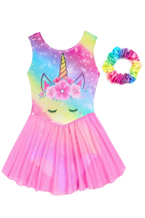 3-12Y Sleeveless Gymnastics Ballet Leotard with Skirt for Girls Sequin Unicorn Dance Dresses Yoga Sports