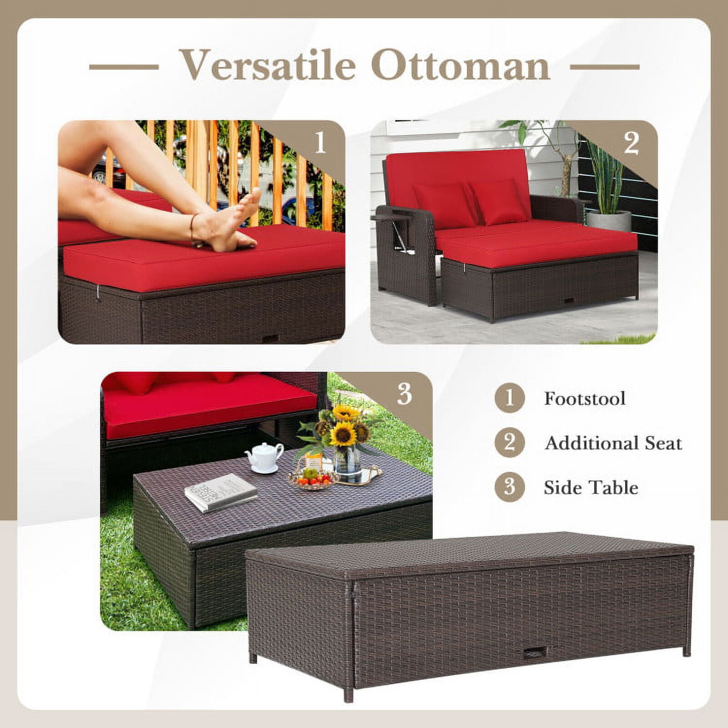 Aimee Lii Patio Rattan Daybed with 4-Level Adjustable Backrest and Retractable Side Tray, Outdoor Patio Set, Red Aimee Lii Patio Rattan Daybed with 4-Level Adjustable Backrest and Retractable Side Tray, Outdoor Patio Set, Red