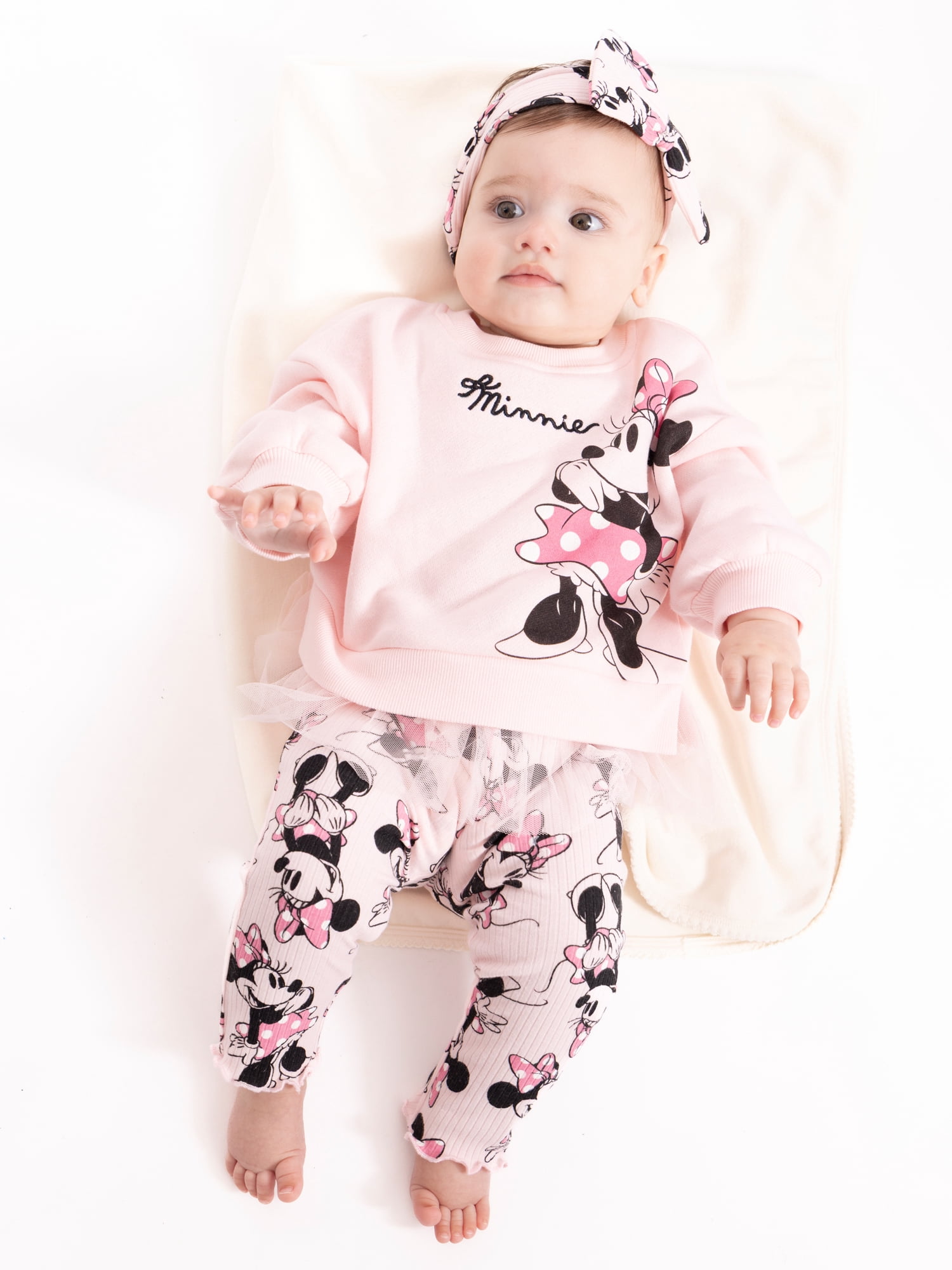 Disney Minnie Mouse Baby Girls Graphic Tulle Sweatshirt and Printed Leggings with Bow Headband Set, 3-Piece, Sizes 0/3M-24M