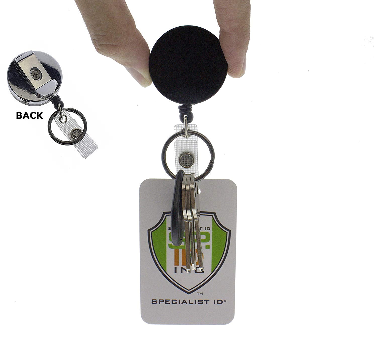 Heavy Duty Retractable Badge Reel with Key Ring Reinforced ID Strap /& Keychain by Specialist ID Black//Silver All Metal Construction Card /& Key Holders with Thick Nylon Cord 2 Pack Belt Clip