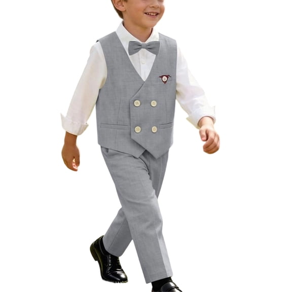Floleo Boys' 4-Piece Formal Waistcoat Suit Set, Long Sleeve Shirt, Double-Breasted Vest, Dress Pants And Matching Bow Tie, Dressy Wear For Weddings, Parties And Special Occasions(Gray,9-10Years)