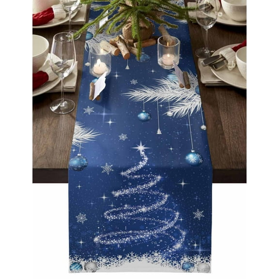 Navy Blue Christmas Tree Dresser Scarf Farmhouse, Dining Table Decorations for Wedding/Parties, Snowflake Balls Xmas Pine Needle Table Runner 72 Inches Long for Kitchen Dining, 14 x 72 In