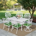 thumbnail image 3 of MEETWARM 7-Piece Outdoor Patio Dining Set, All-Weather Cast Aluminum Patio Conversation Set with 2 Swivel Rocker Chairs, 4 Stationary Chairs, 1 Rectangular Table, 6 Cushions, 2" Umbrella Hole, White, 3 of 7
