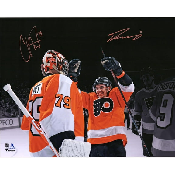 Carter Hart & Travis Konecny Philadelphia Flyers Autographed 16" x 20" Spotlight Photograph - Fanatics Authentic Certified