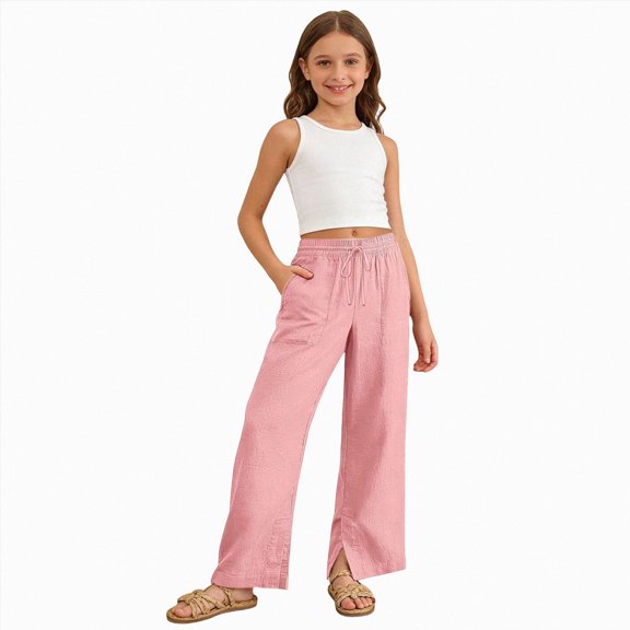 Wonitaaizi Girls Linen Pants Wide Leg Cozy Elastic Waist Flowy Casual Pants Summer Beach Cropped Trousers with Pockets (9-10 Years,Pink)
