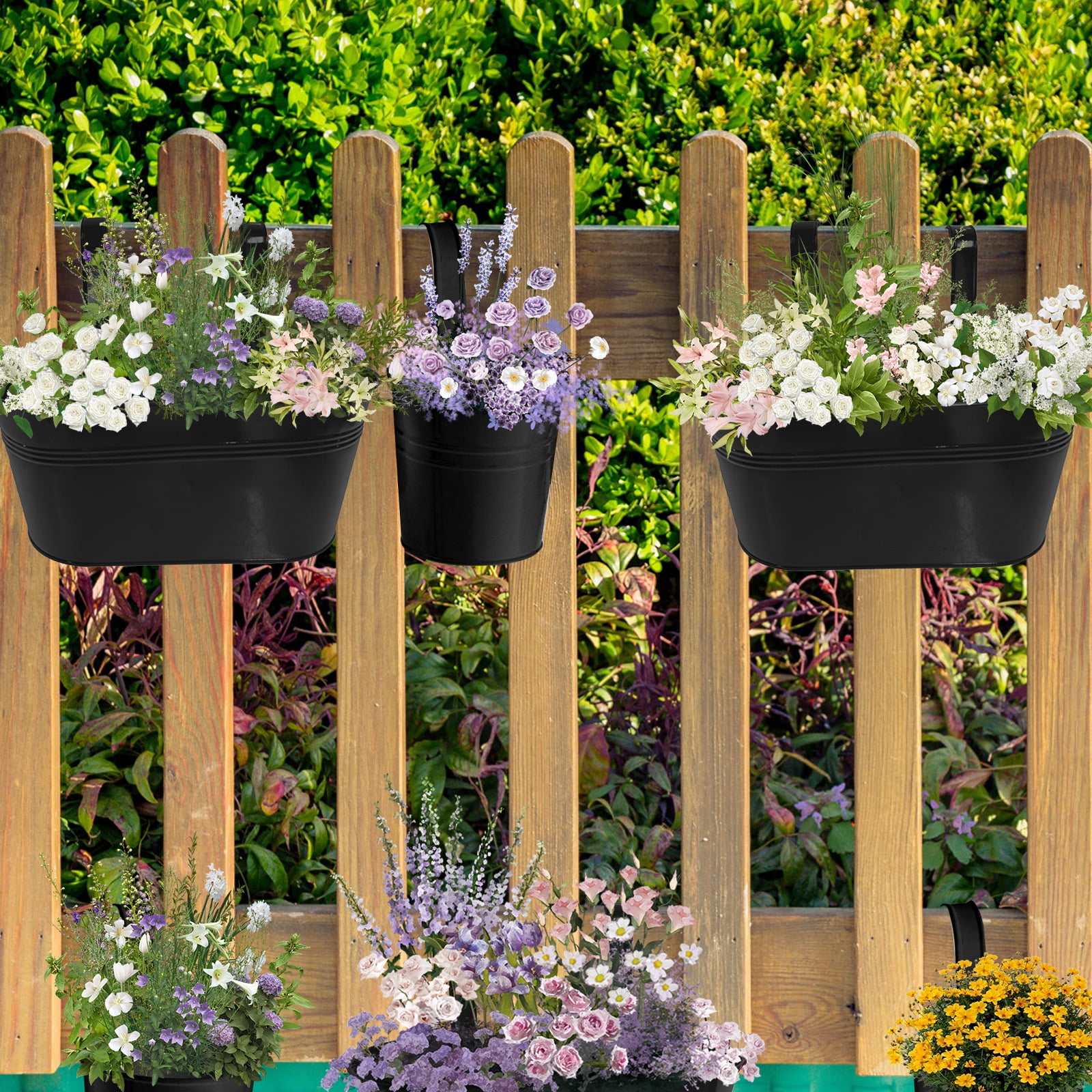 SPOKKI 8Pcs Metal Iron Hanging Flower Pots for Railing,with Detachable Hooks and Drain Holes Oval Hanging Pots Fence Planters for Railing Garden Fence (4pcs 10.6inch+4pcs 4inch