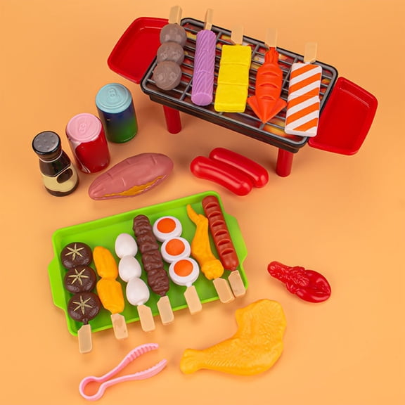bxhwj Kids BBQ Grill Playset with Realistic Food and Accessories, Pretend Play Barbecue Toy Kitchen Set for Toddlers, Interactive Role Play Learning Game for Children