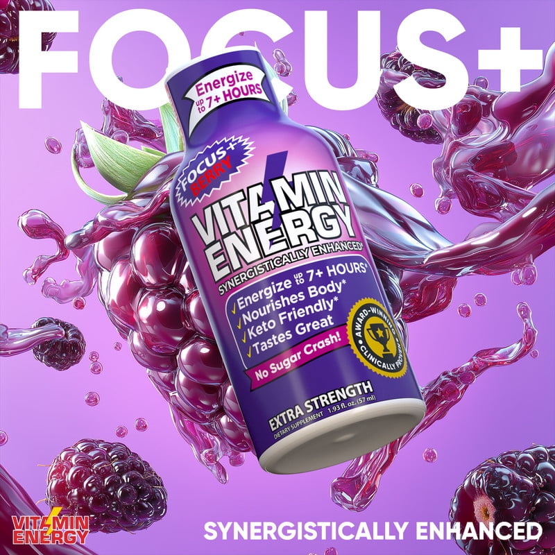 Vitamin Energy Focus+ Extra Strength Shot, Berry, 48 Pack – 260mg Natural Caffeine, CoQ10 & B-Vitamins, Zero Sugar, 1.93 fl oz