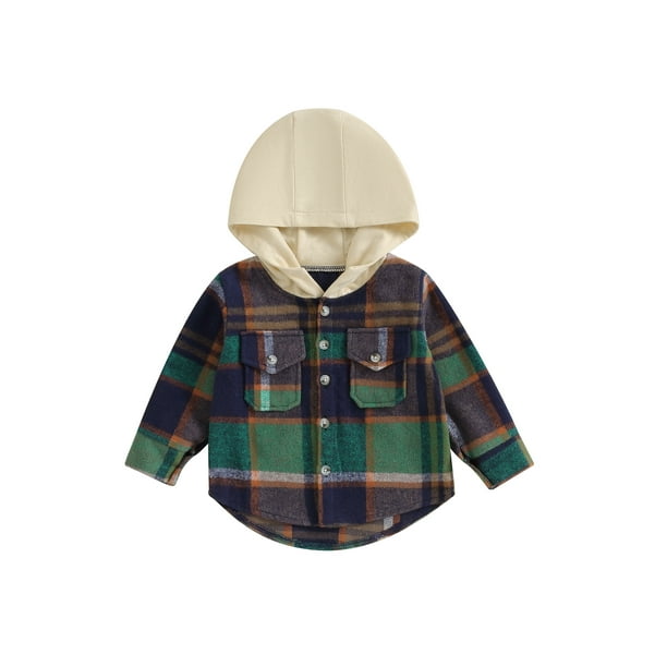 Abrigo casual de otoño para niño con capucha, manga larga, botones, estampado a cuadros y bolsillos.