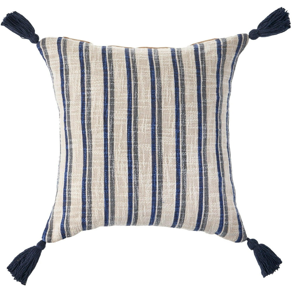 LR Home Striped Tassels Cotton Throw Pillow, Blue / Gray, 18 in Square