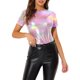 thumbnail image 1 of INSPIRE CHIC Camiseta de fiesta de manga corta con cuello redondo de metal brillante para mujeres S Rosa brillante, 1 of 6