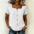thumbnail image 4 of cocolona Summer Womens Linen Square Neck Tops Button Down Short Sleeve Casual Shirts Trendy Solid Color Blouses, 4 of 7