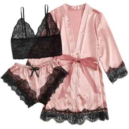 

QING SUN Pajamas Ladies Sexy Pajamas Underwear Lace Pajama Set Acrylic Material