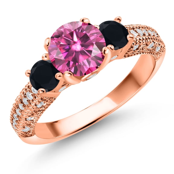 Gem Stone King 18K Rose Gold Plated Silver Pink Moissanite Black Onyx and White Moissanite Engagement Ring for Women (1.72 Cttw, Gemstone, Round 7MM and 4MM, Size 8)
