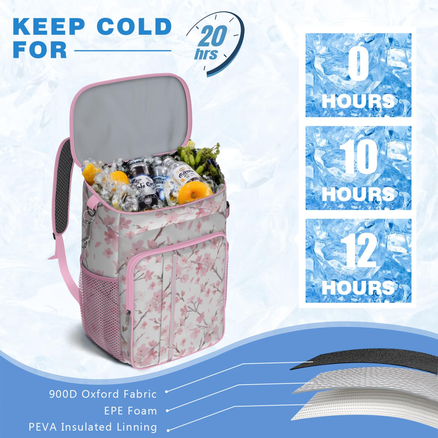 Travel Cooler Bag - Pioneer Flower Floral Print Pattern Camping Beer Cooler Backpack with Bottle Opener- Waterproof Insulated Picnic Backpacks - Cooler Bag for Beach