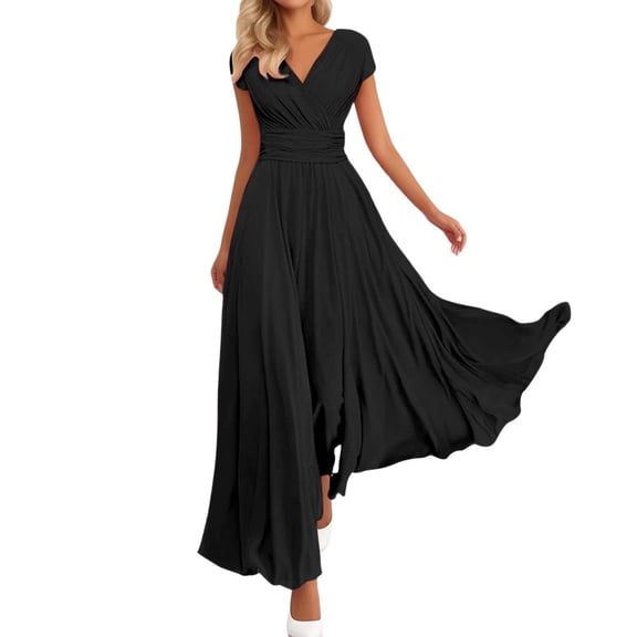 Leeye High Waist Short Sleeve V Neck Long Dresses for Wedding Proms Party Graduation Date Night Outingand Casual, Chiffon, 1PC, L, Black (Women's)